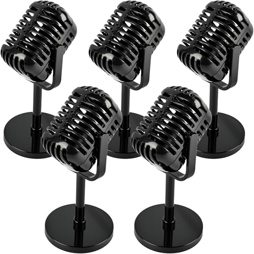 Retro Microphone Props Set with Stand - 5 Black Fake Microphones for Party & Cosplay