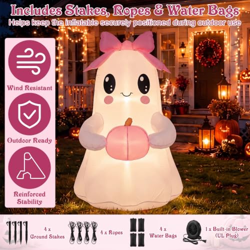 6 ft Pink Bow Inflatable Ghost Halloween Yard Decoration with LED Lights - Outdoor Friendly