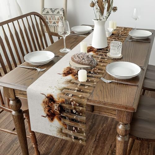 Jejeloiu Highland Cow Table Runner 13 x 90 Inch - Farmhouse Decor