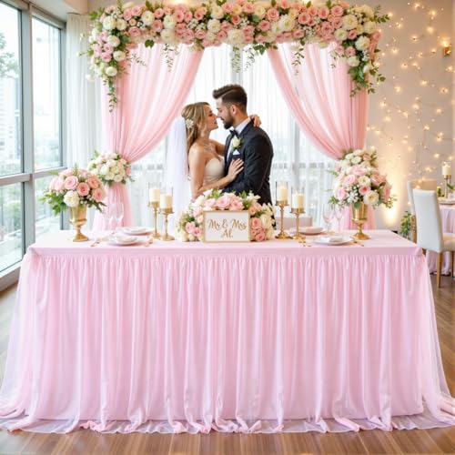Pink 8ft Rectangle Tablecloth & Tulle Skirt Set - 96x30 Inches, 2 Pack