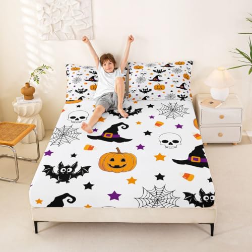 Halloween Pumpkin Decorations Gothic Bed Sheets Full Size with Spider Web & Bat Design - Multi 04