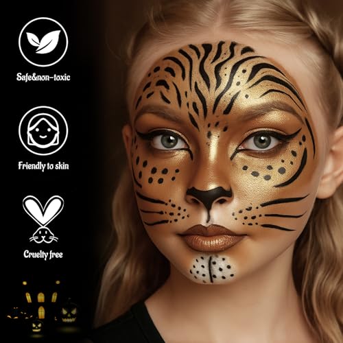 Jungle Cat Face & Body Paint Kit - Black White Metallic Brown Halloween Makeup with Applicator