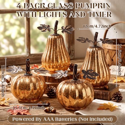 Glooglitter 4-Piece Gold Glass Pumpkin Lighted Fall Thanksgiving Decor - Layered Heights with Timer
