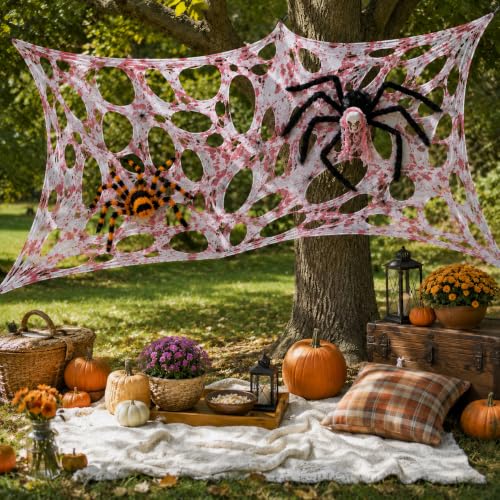 Outdoor Halloween Spider Web Decor Kit with Giant Spiders - Scary Haunted Scene