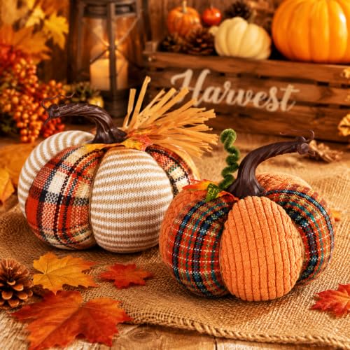 Fall Pumpkin Decor Set of 2 - Harvest Thanksgiving Farmhouse Autumn Decorations
