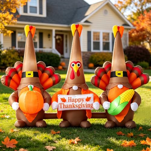 6.5 FT Thanksgiving Gnome Turkey Inflatable Outdoor Decor - Cheerful Autumn Yard Display