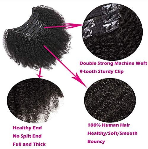 Kabadu 8pcs 120g/set Afro Kinky Curly Clip In Human Hair For Black Women Hair Extension 4B 4C Brazilian Virgin Human Hair Clip Ins for African American Natural Black Color(14inch)