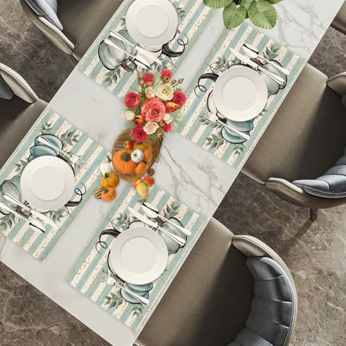 Thanksgiving Placemats Set of 4 - 12x18 Inch Pumpkin & Maple Leaf Design - Blue