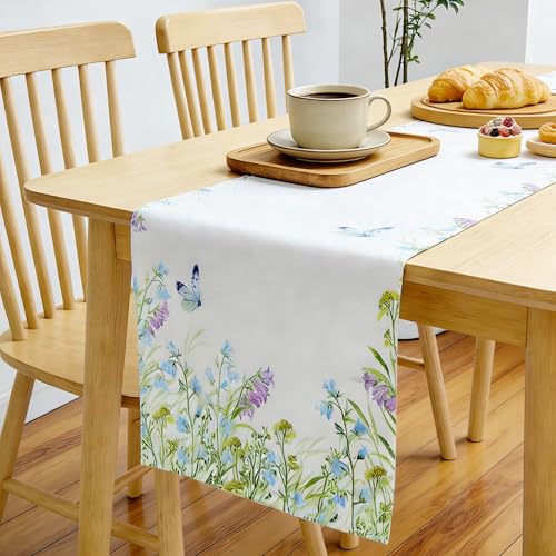 Spring Flowers Butterfly Table Runner - Farmhouse Burlap Summer Dining Linen 72 Inches