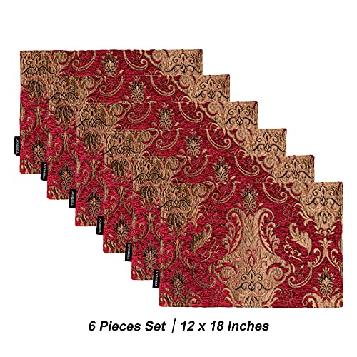 Red Chenille Damask Placemats Set of 6 - Luxury Jacquard Christmas Table Decor