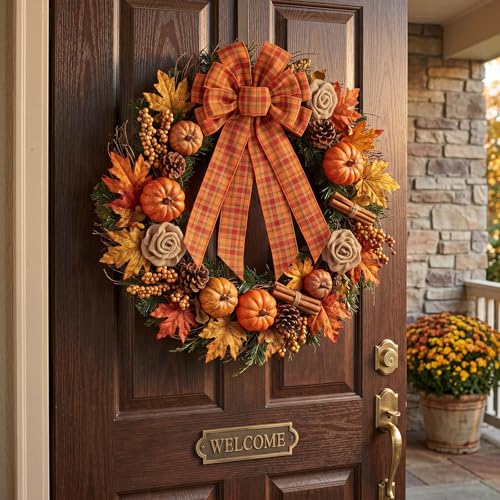 Large Fall Wreath Bow - 20 Inch Orange Plaid Burlap for Front Door & Holiday Decor