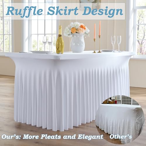 White Spandex Tablecloth 4ft with Ruffle, 2 Pack - Fitted Stretch Table Covers for 6ft Rectangular Tables, Wrinkle-Free Party & Wedding Decor