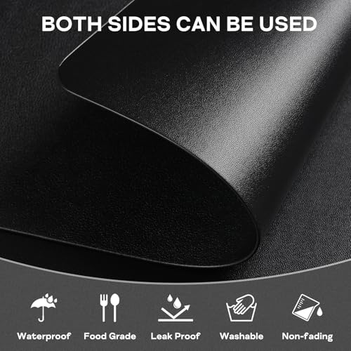 Black Vinyl Placemats Set of 6 - Waterproof & Heat Resistant Faux Leather