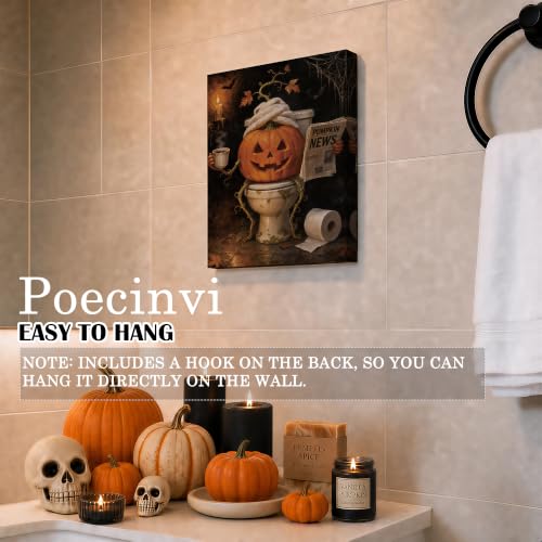 Halloween Pumpkin Bathroom Canvas Wall Art Framed 15x12 Inch - Poecinvi