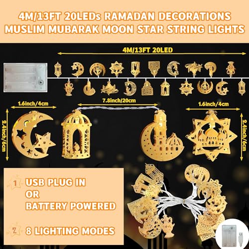 Ramadan Decorations String Lights 13FT 20 LED USB/Battery Operated 8 Modes Warm White