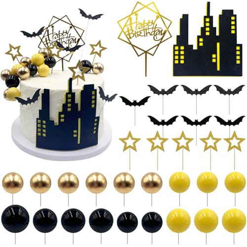 Halloween Bat Cake Toppers Set - Glitter Bats, Stars & Ball Picks for Birthday & Party Decorations
