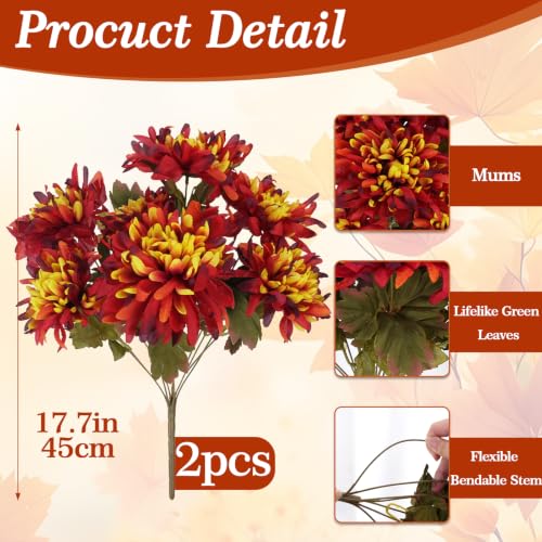 2PCS Fall Artificial Mums for Cemetery & Outdoor Decor - Orange