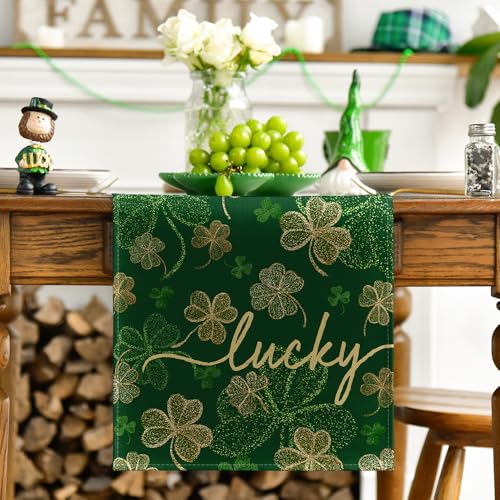 Lucky Shamrocks Table Runner 13x72 Inch Green St. Patrick's Day Decor Irish Kitchen