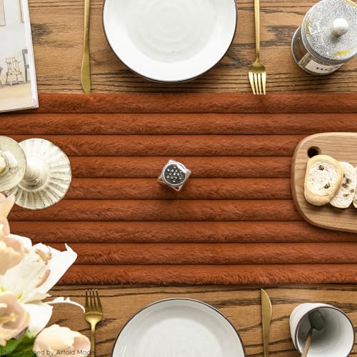 Caramel Plush Faux Fur Jacquard Table Runner 13x72 Inch Holiday Decor