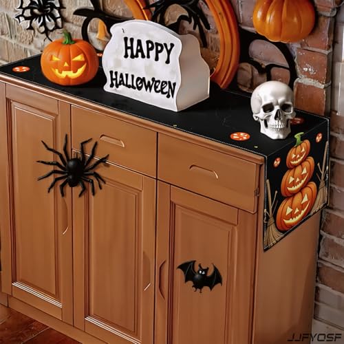 Halloween Table Runner - Stacked Jack-O'-Lantern Pumpkins with Witch Broom Design, 13x72 Inch, Fall Home Decor - Pumpkin & Broom Variation