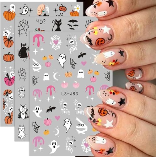 Halloween Nail Decals Set - 10 Sheets 3D Ghost Pumpkin Bat Skull Stickers - Style F