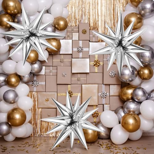 Silver Star Foil Balloons Set - Explosion 12-Point Cone Balloons for Wedding & Party Decor - Variation: Silver Star Cones