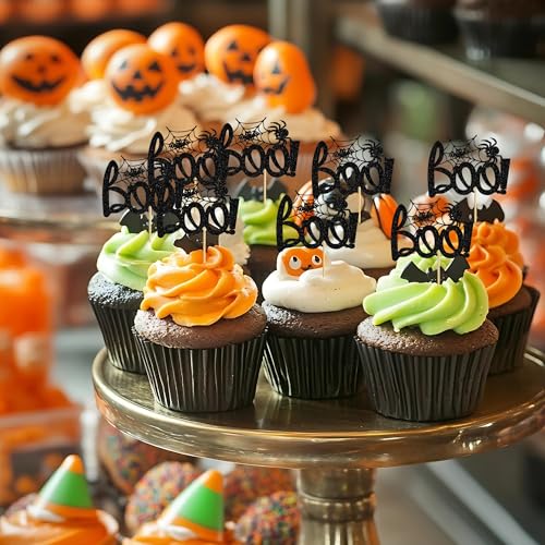 Halloween Boo Cupcake Toppers Glitter Spider Web Bat Cake Decorations - Style 4 Black