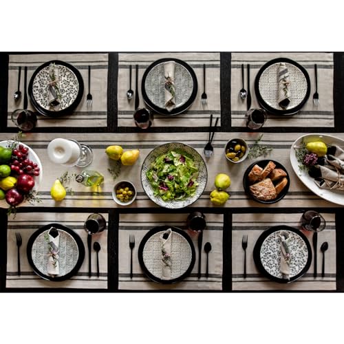 Pure Linen Table Runner Black & Natural French Stripe 14x48 Inches - Handcrafted
