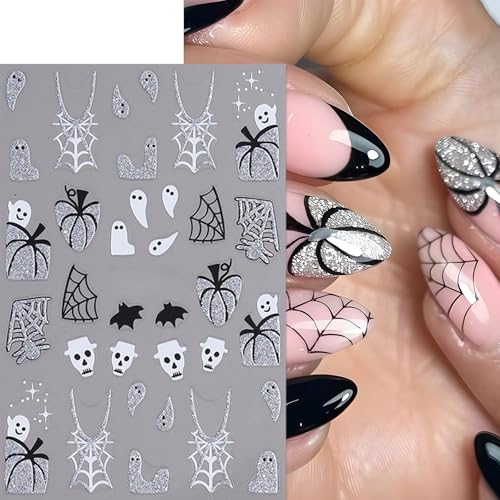Halloween Bat Nail Art Stickers Decals - 3D Spider Web Pumpkin Ghost Designs for DIY Nails