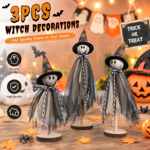 Halloween Ghost Decorations Set with Witch Hats - Rustic Wooden Shelves, Indoor Tabletop Halloween Decor