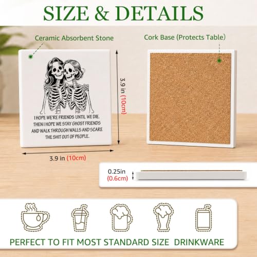 Black-White Skeleton Friends Coasters Set of 2 - Gothic Ceramic Drink Coasters