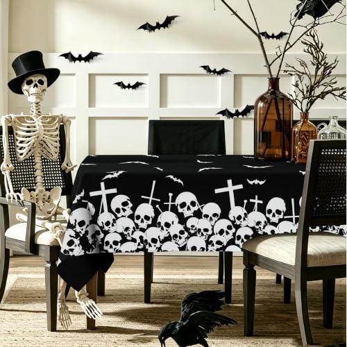 Halloween Rectangular Tablecloth 60 x 120 Inch Spooky Skull Flying Bat Design - Washable Indoor Outdoor Holiday Decor Variation of THIS listing