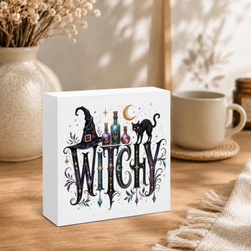 Gothic Wood Box Sign - Black Cat Witch Decor for Home & Office