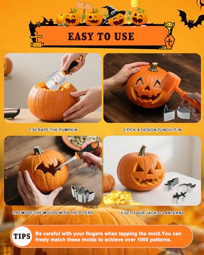 Pumpkin Carving Kit with 25 Stainless Steel Tools & Reusable Stencils