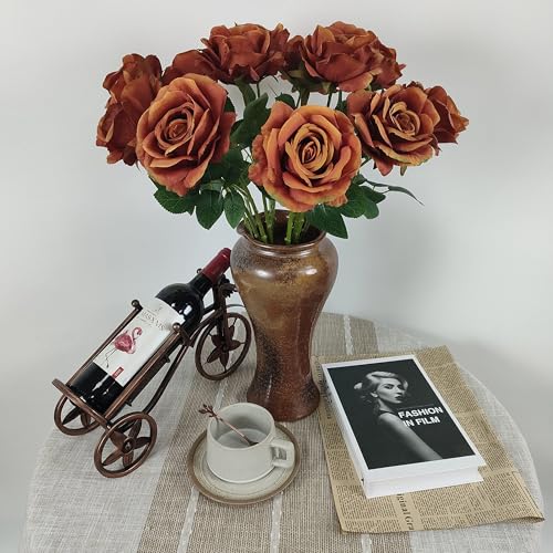 Artificial Burnt Orange Roses Bouquet - Fall Floral Arrangement with Realistic Texture & 3.94-Inch Heads - Variation of Burnt Orange 20/20