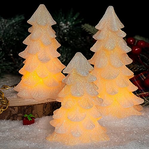 White Glittering Christmas Tree Flameless Candles with Timer - Set of 3