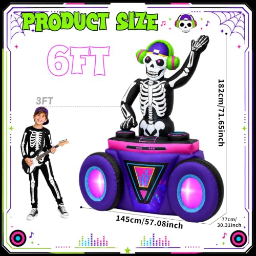 6FT Halloween Skeleton Inflatable with Music LED Lights Outdoor Decoration