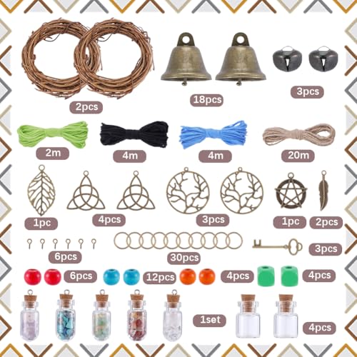Witch Bell Wind Chime Decoration Set with Wreath & Charms - Style 3
