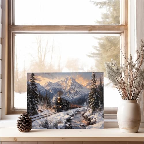 Winter Train Scenery Canvas Wall Art Poster - A01 18x12 Inches, Farmhouse & Living Room Decor