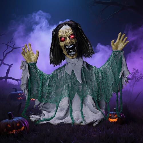 Halloween Outdoor Zombie Groundbreaker Decoration with Motion & Lights - Green & Gray, 39 Inches