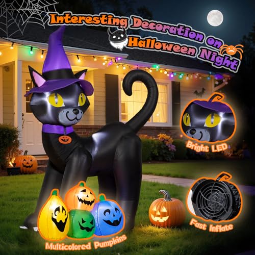 6FT Inflatable Halloween Black Cat with Witch Hat & Colorful Pumpkins, LED Yard Decor