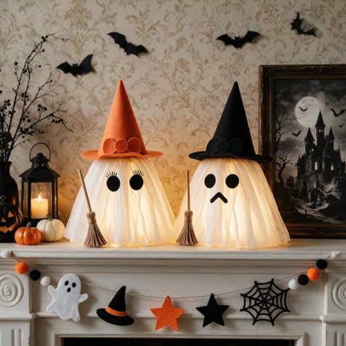 Light-Up Halloween Ghost Decorations Set of 2 with Witch Hats - Spooky Tabletop Decor