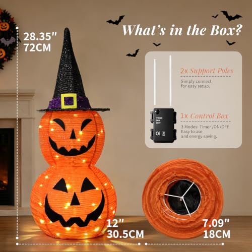 Halloween Lighted Jack‑O'‑Lantern Pumpkin with Witch Hat - Collapsible LED Decor