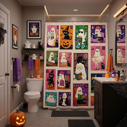 Halloween Ghost Shower Curtain Multi Color Waterproof Bath Decor 71x71 Inches