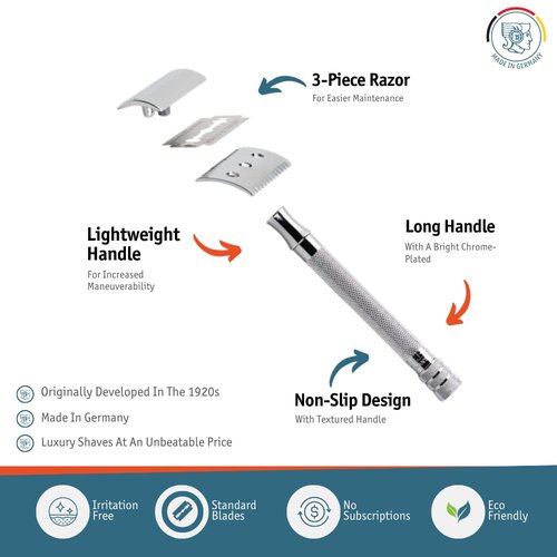 MERKUR 25C Double Edge Safety Razor - Bright Chrome Open Comb Design, Long Handle, Plastic-Free
