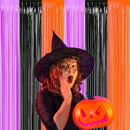 Halloween Tinsel Foil Curtain Set - Black, Orange & Purple, 3.3x6.6ft, Photo Booth Backdrop - Variation of Black Purple and Orange