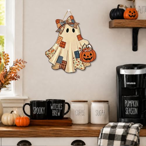 Halloween Pumpkin Ghost Wooden Sign - Fall Decor Door Wall Art