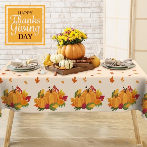 Gold Fall Thanksgiving Tablecloth 8 Pack - Disposable Plastic Autumn Pumpkin & Maple Leaf Design 54x108 Inches