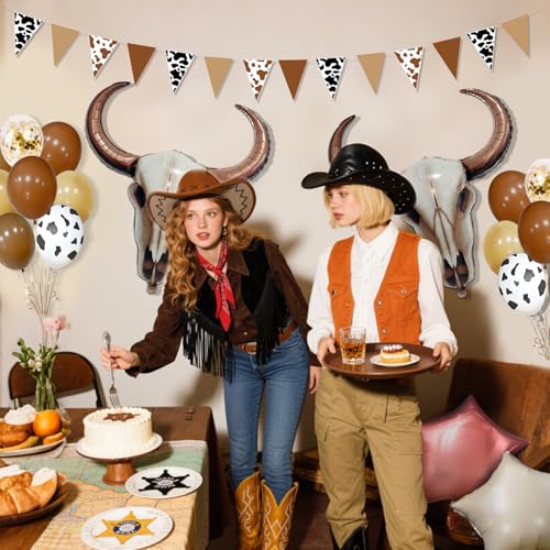 21 PCS Western Party Decorations Kit - Large Cowboy Longhorn Balloons & Banners