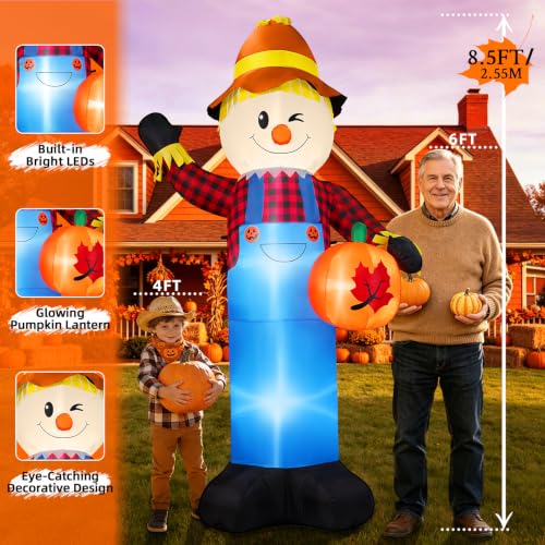 8FT Fall Inflatable Scarecrow Yard Decoration with Pumpkin & LED Lights - Greeting Style